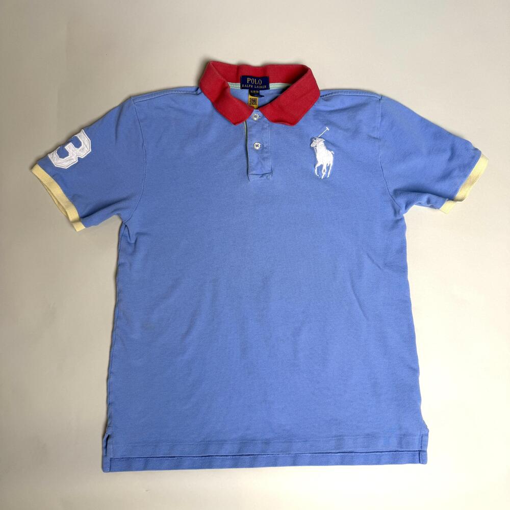 Polo Ralph Lauren Big Pony 3 Patch Polo Shirt Boys 18-20 Blue Short Sleeve
